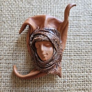 Vintage Handcrafted Leather Folk Art Desert Woman Signed Brooch Pin